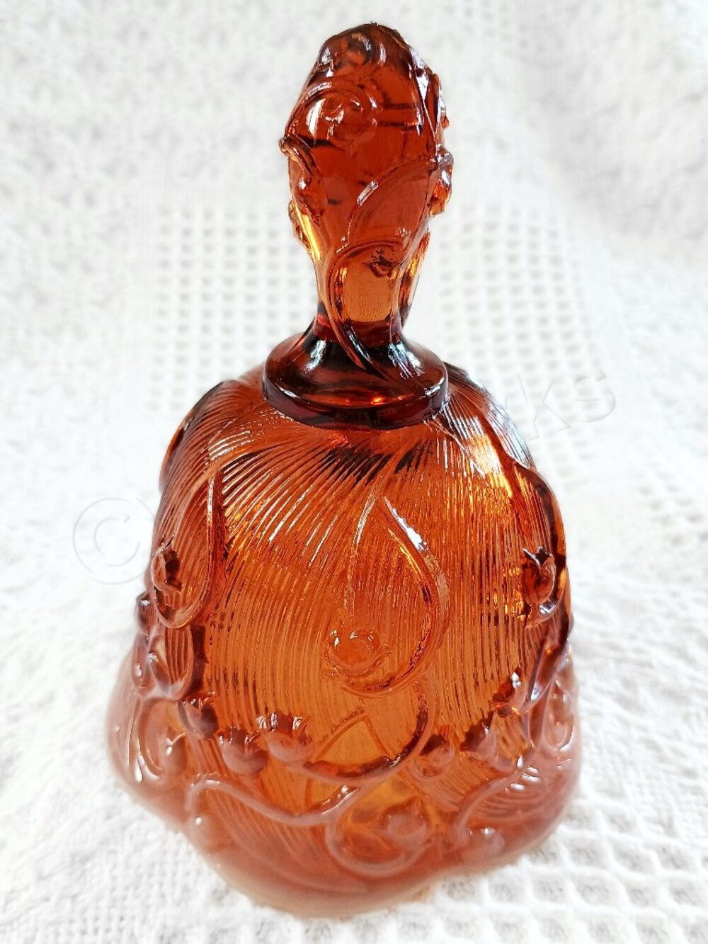Vintage Fenton Cameo Glass Bell, Amber Opalescence, Lily of the Valley, 5.25"